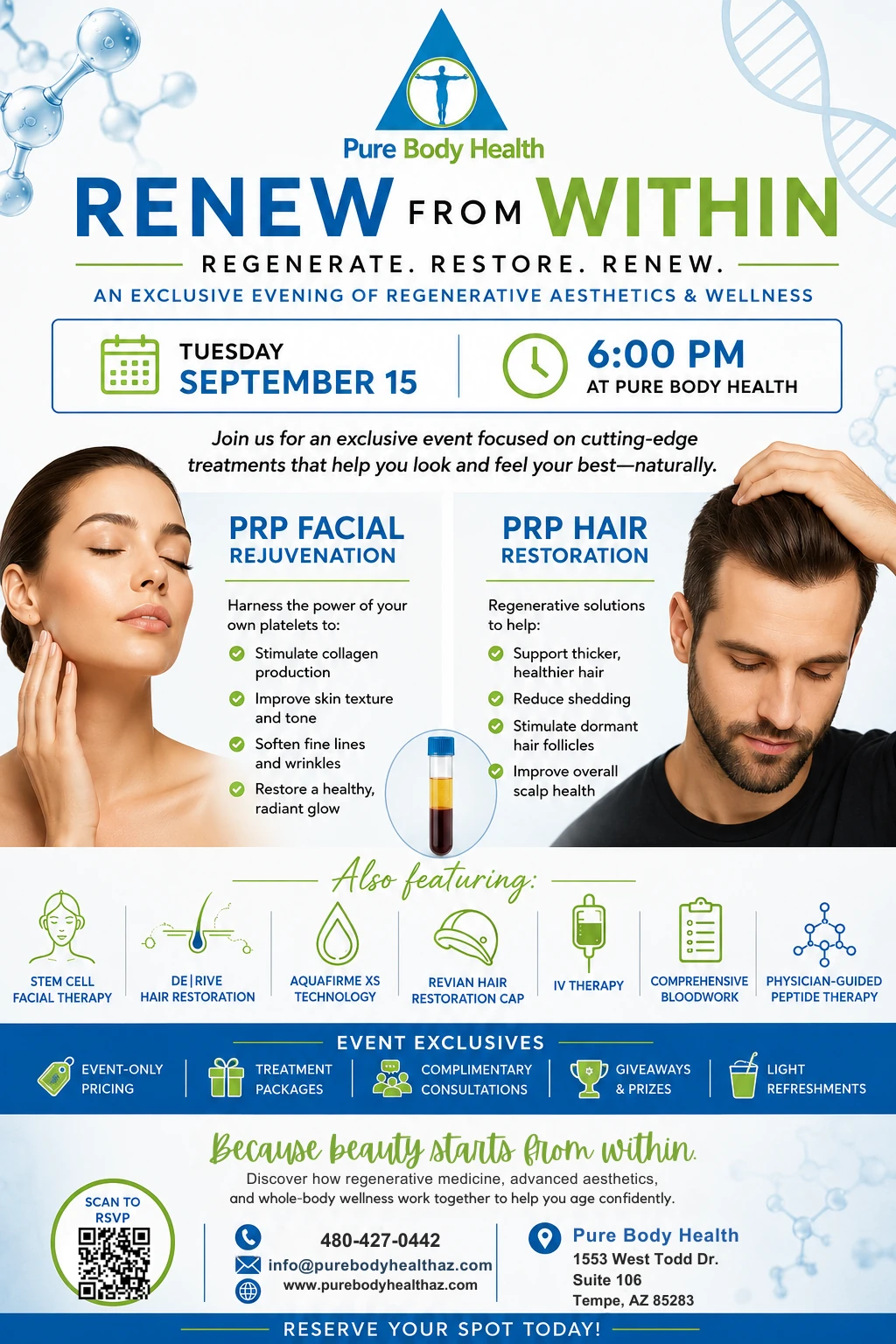 Renew From Within event flyer, an evening of regenerative aesthetics, PRP facial rejuvenation and PRP hair restoration at Pure Body Health in South Tempe, AZ on September 15, 2026