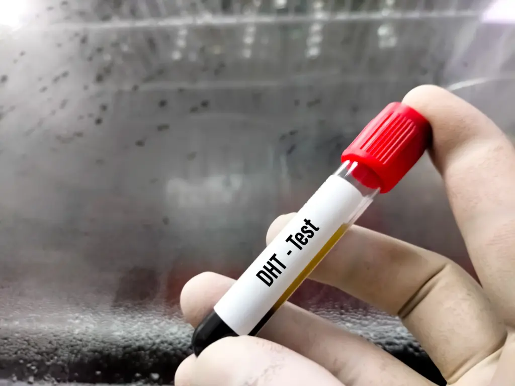 Gloved fingers holding a blood sample tube labeled for a DHT test, one of the labs used to look at hormonal causes of hair thinning.