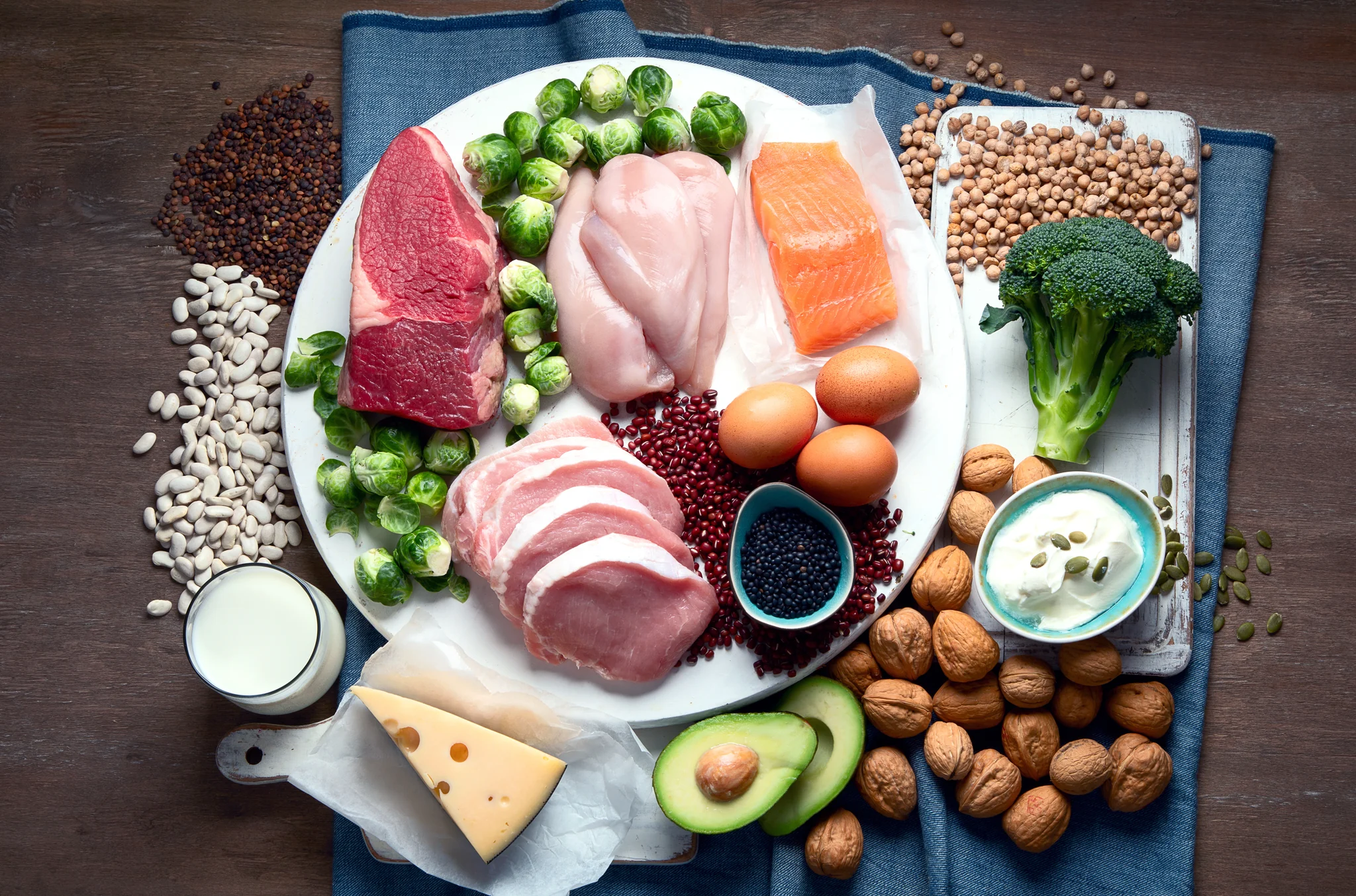 An assortment of high-protein whole foods including lean meat, salmon, eggs, and vegetables, illustrating the muscle-protecting nutrition behind naturopathic weight loss in South Tempe, AZ.