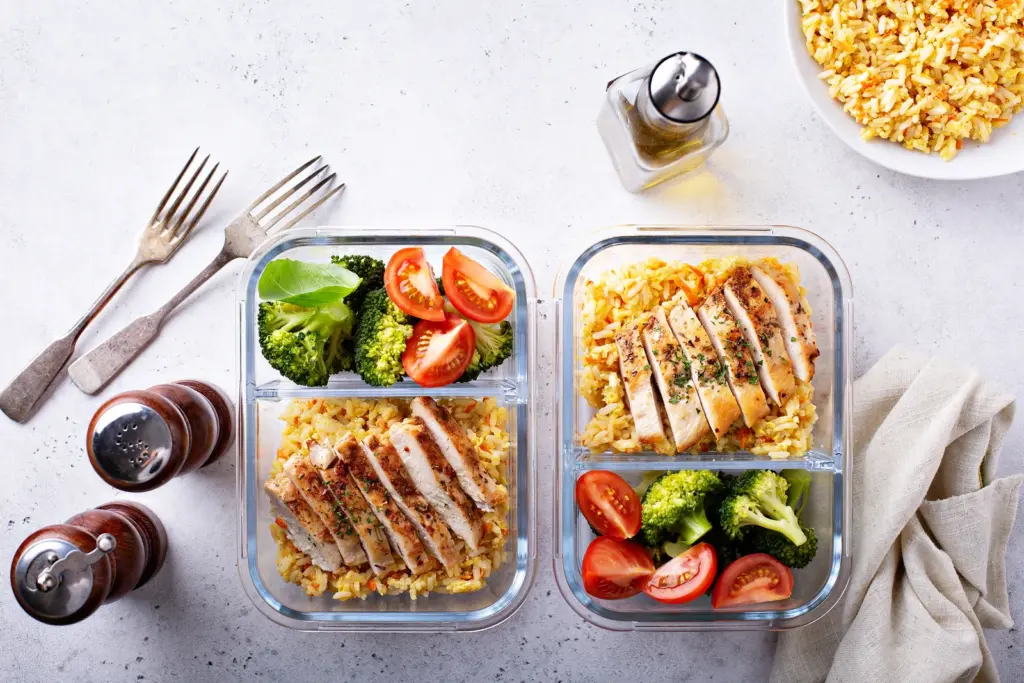 Glass meal prep containers with grilled chicken, rice, broccoli and tomatoes, a protein-forward plate for semaglutide patients.